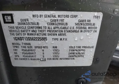 2006 Chevrolet Trailblazer Lt from USA, damaged, VIN 1GNDT13S562225885